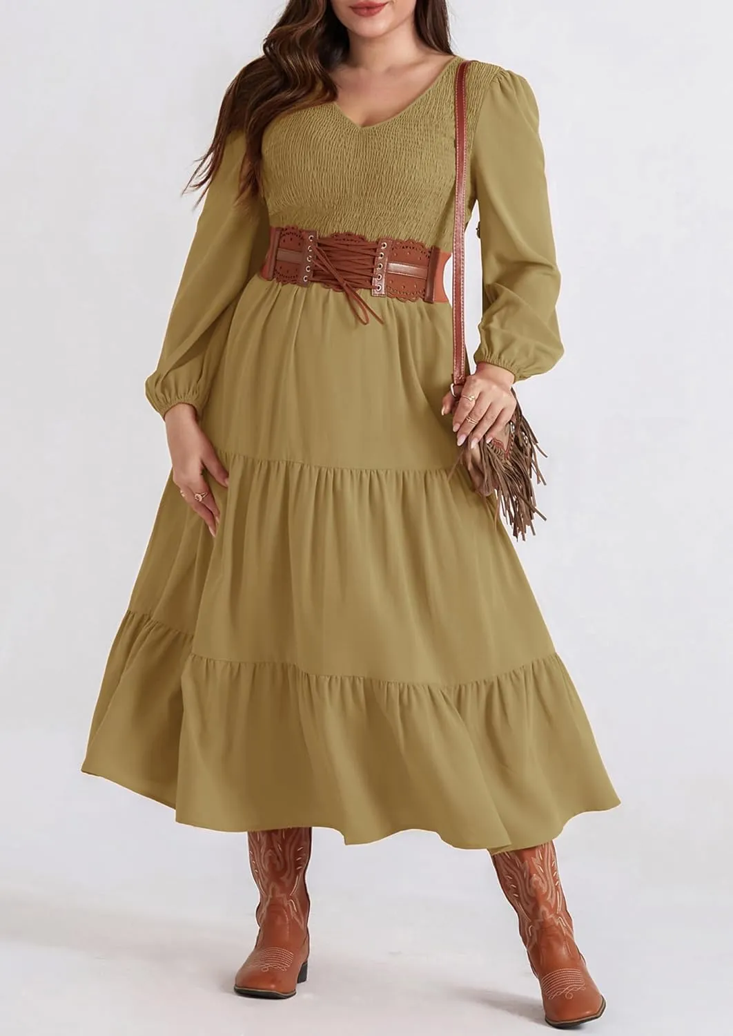Hanna Nikole Women's Plus Size Spring Maxi Dress Long Sleeve Smocked Wedding Guest Casual Flowy Tiered Dresses with Pockets