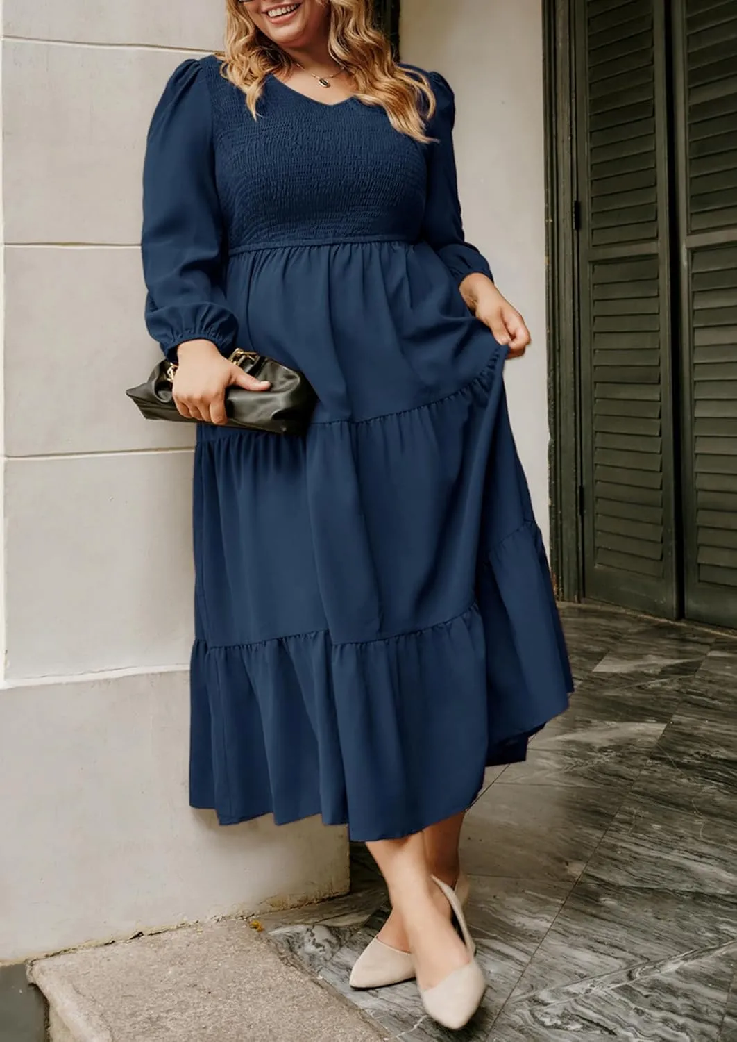 Hanna Nikole Women's Plus Size Spring Maxi Dress Long Sleeve Smocked Wedding Guest Casual Flowy Tiered Dresses with Pockets