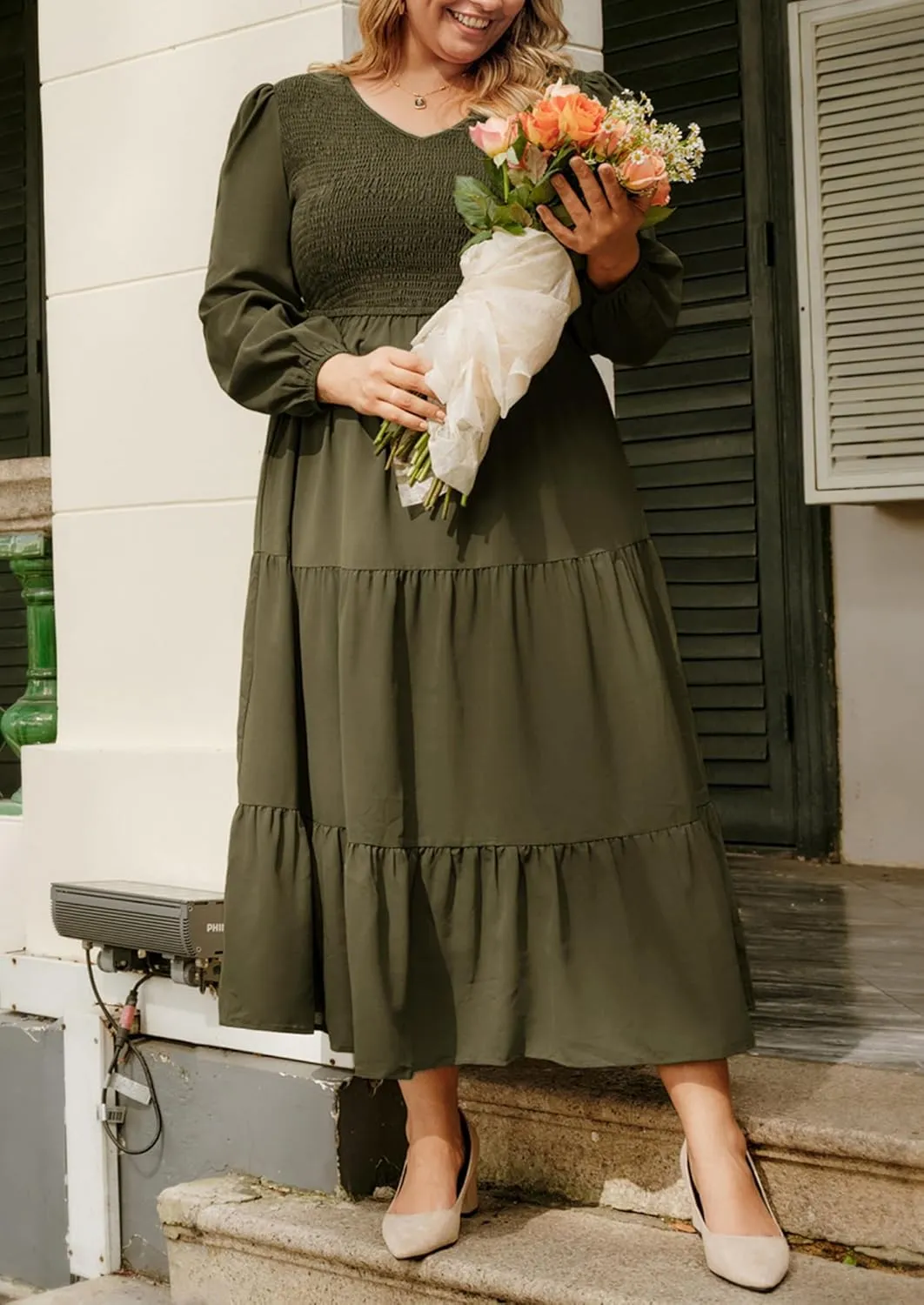 Hanna Nikole Women's Plus Size Spring Maxi Dress Long Sleeve Smocked Wedding Guest Casual Flowy Tiered Dresses with Pockets