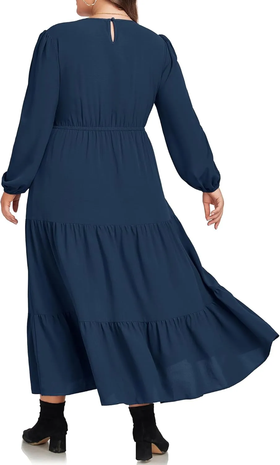 Hanna Nikole Women's Plus Size Spring Maxi Dress Long Sleeve Smocked Wedding Guest Casual Flowy Tiered Dresses with Pockets