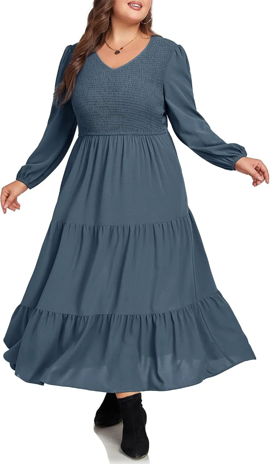 Hanna Nikole Women's Plus Size Spring Maxi Dress Long Sleeve Smocked Wedding Guest Casual Flowy Tiered Dresses with Pockets