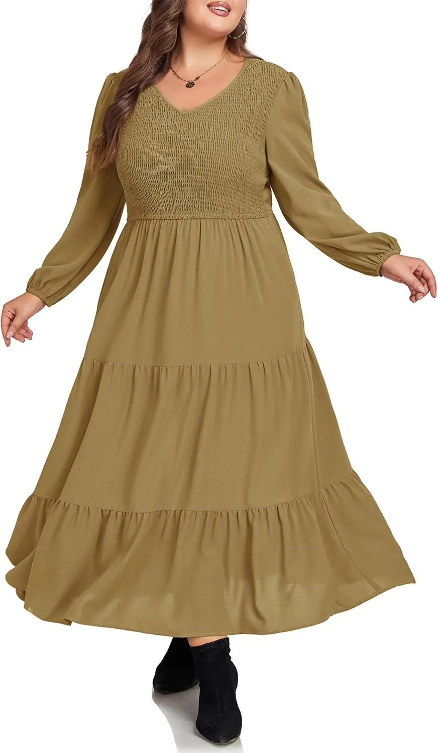 Hanna Nikole Women's Plus Size Spring Maxi Dress Long Sleeve Smocked Wedding Guest Casual Flowy Tiered Dresses with Pockets