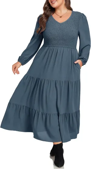 Hanna Nikole Women's Plus Size Spring Maxi Dress Long Sleeve Smocked Wedding Guest Casual Flowy Tiered Dresses with Pockets