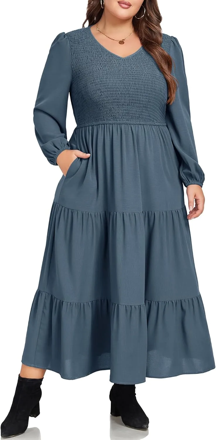 Hanna Nikole Women's Plus Size Spring Maxi Dress Long Sleeve Smocked Wedding Guest Casual Flowy Tiered Dresses with Pockets