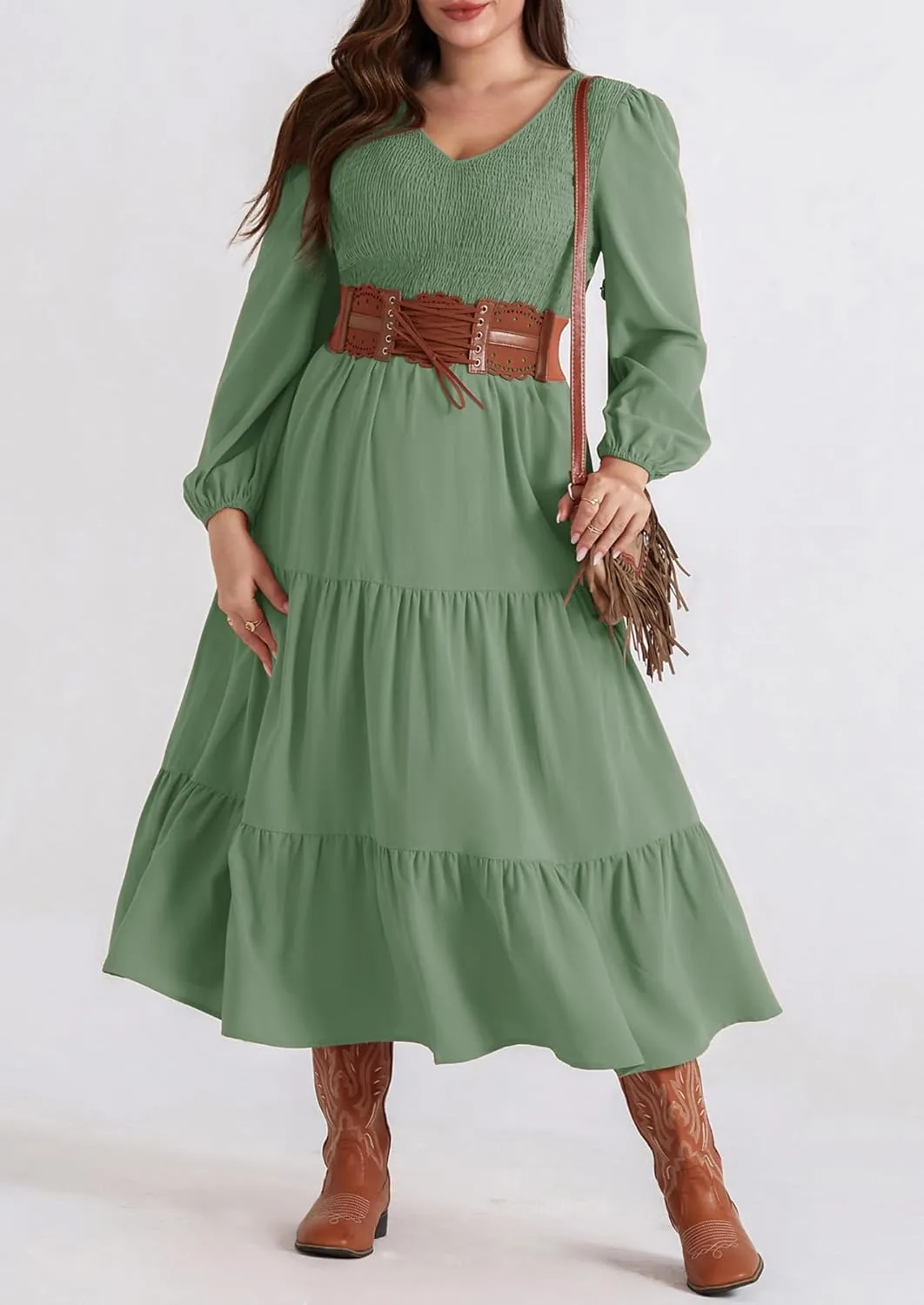 Hanna Nikole Women's Plus Size Spring Maxi Dress Long Sleeve Smocked Wedding Guest Casual Flowy Tiered Dresses with Pockets