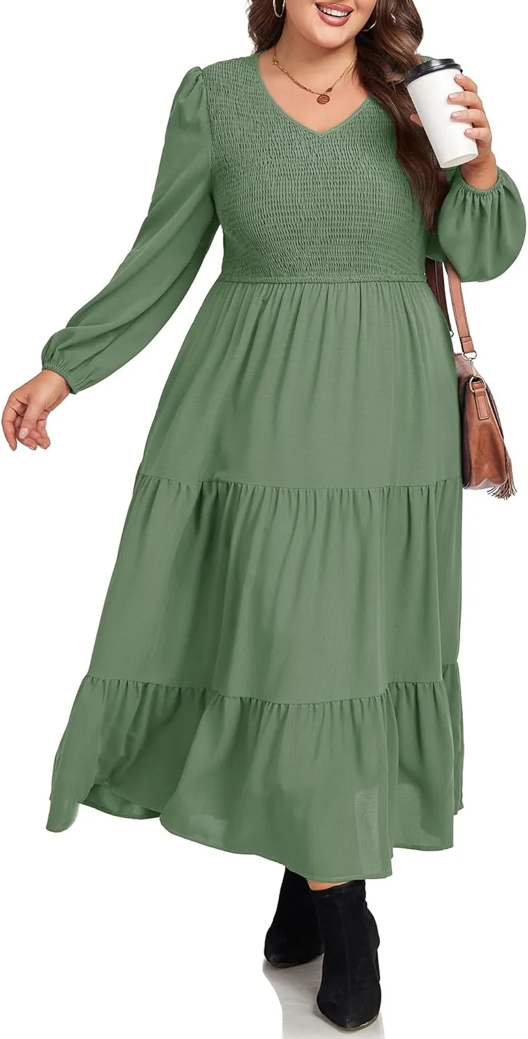 Hanna Nikole Women's Plus Size Spring Maxi Dress Long Sleeve Smocked Wedding Guest Casual Flowy Tiered Dresses with Pockets