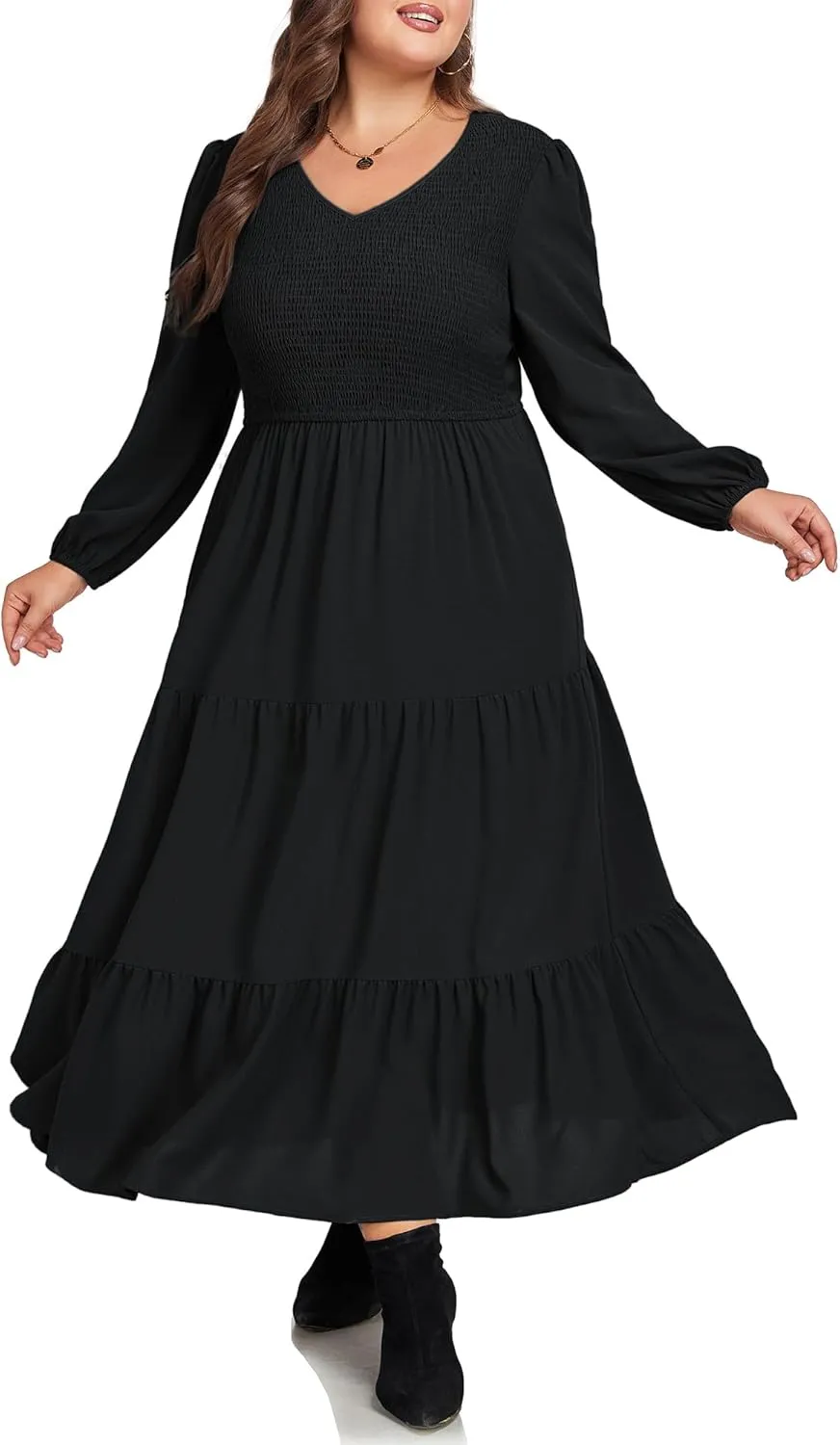 Hanna Nikole Women's Plus Size Spring Maxi Dress Long Sleeve Smocked Wedding Guest Casual Flowy Tiered Dresses with Pockets