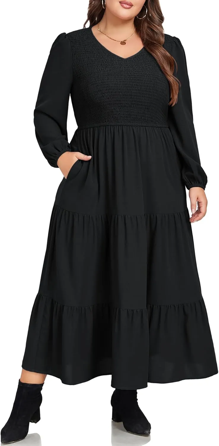 Hanna Nikole Women's Plus Size Spring Maxi Dress Long Sleeve Smocked Wedding Guest Casual Flowy Tiered Dresses with Pockets