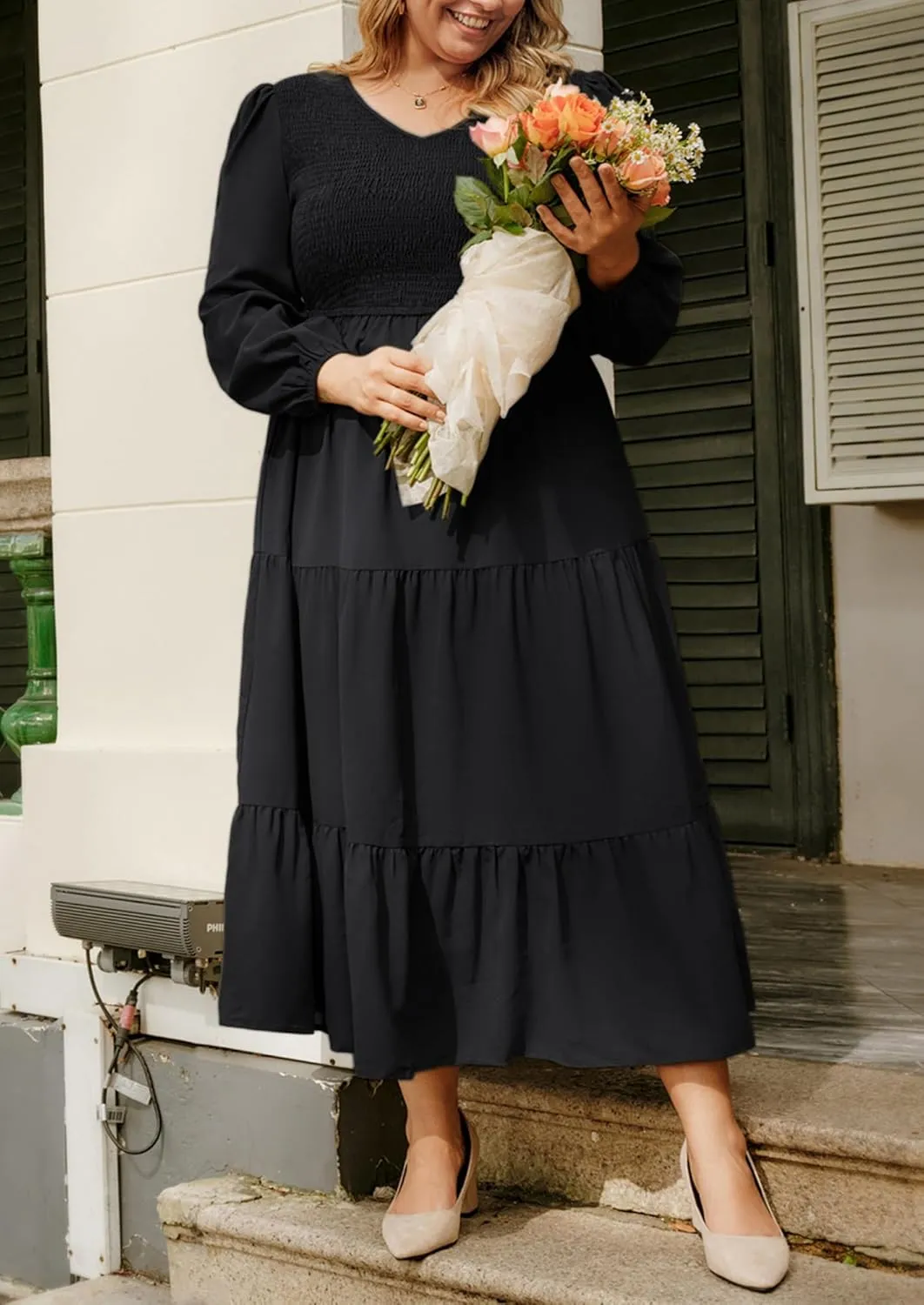 Hanna Nikole Women's Plus Size Spring Maxi Dress Long Sleeve Smocked Wedding Guest Casual Flowy Tiered Dresses with Pockets