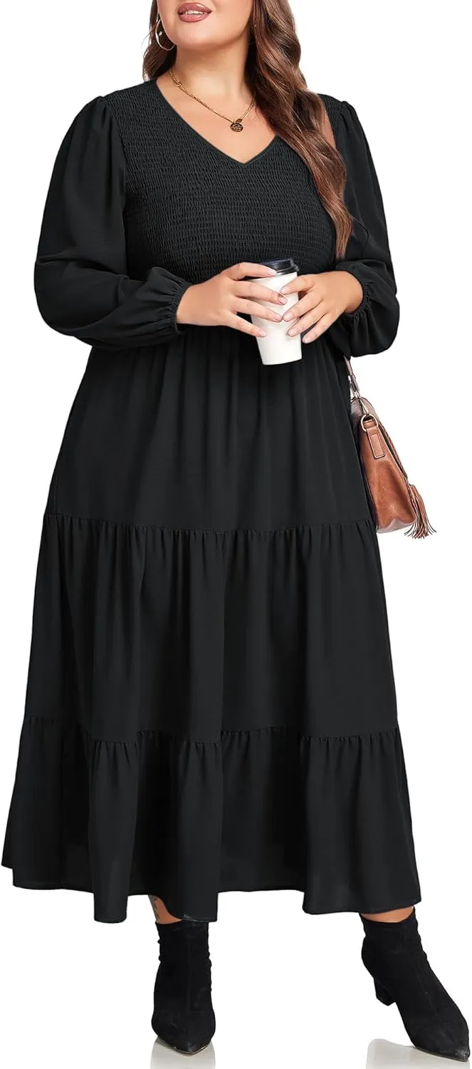 Hanna Nikole Women's Plus Size Spring Maxi Dress Long Sleeve Smocked Wedding Guest Casual Flowy Tiered Dresses with Pockets