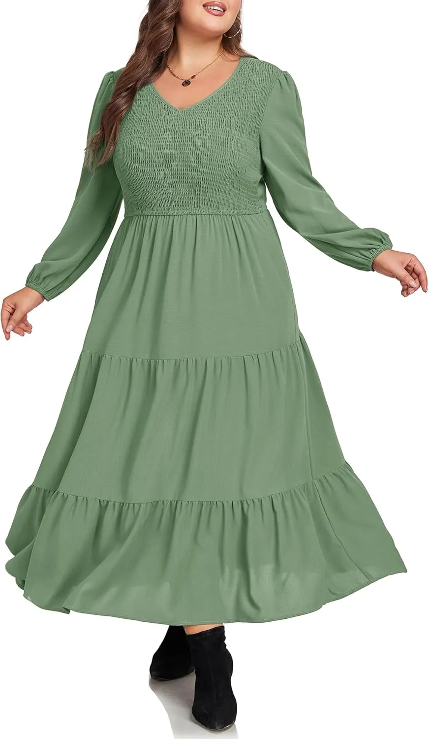 Hanna Nikole Women's Plus Size Spring Maxi Dress Long Sleeve Smocked Wedding Guest Casual Flowy Tiered Dresses with Pockets