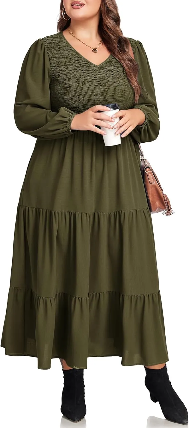 Hanna Nikole Women's Plus Size Spring Maxi Dress Long Sleeve Smocked Wedding Guest Casual Flowy Tiered Dresses with Pockets