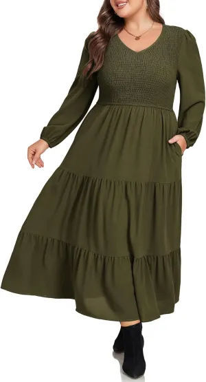 Hanna Nikole Women's Plus Size Spring Maxi Dress Long Sleeve Smocked Wedding Guest Casual Flowy Tiered Dresses with Pockets