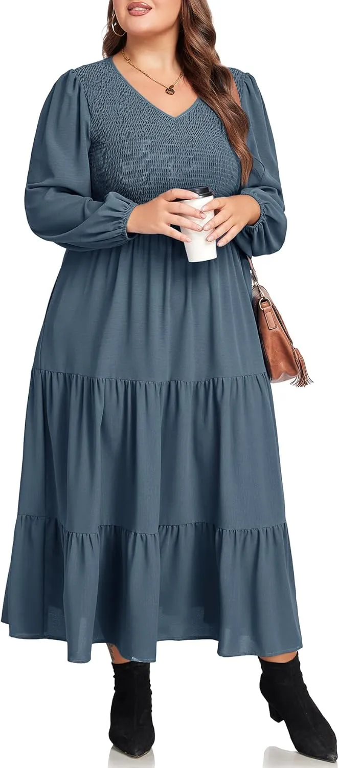 Hanna Nikole Women's Plus Size Spring Maxi Dress Long Sleeve Smocked Wedding Guest Casual Flowy Tiered Dresses with Pockets