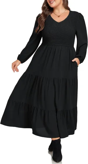 Hanna Nikole Women's Plus Size Spring Maxi Dress Long Sleeve Smocked Wedding Guest Casual Flowy Tiered Dresses with Pockets