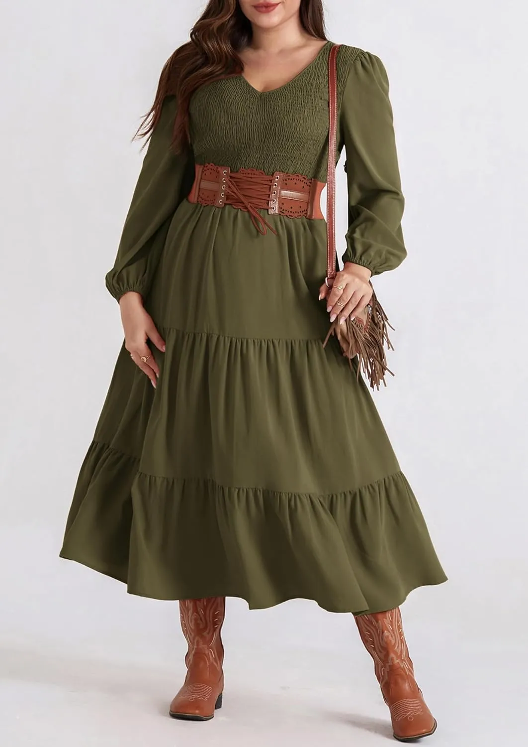 Hanna Nikole Women's Plus Size Spring Maxi Dress Long Sleeve Smocked Wedding Guest Casual Flowy Tiered Dresses with Pockets