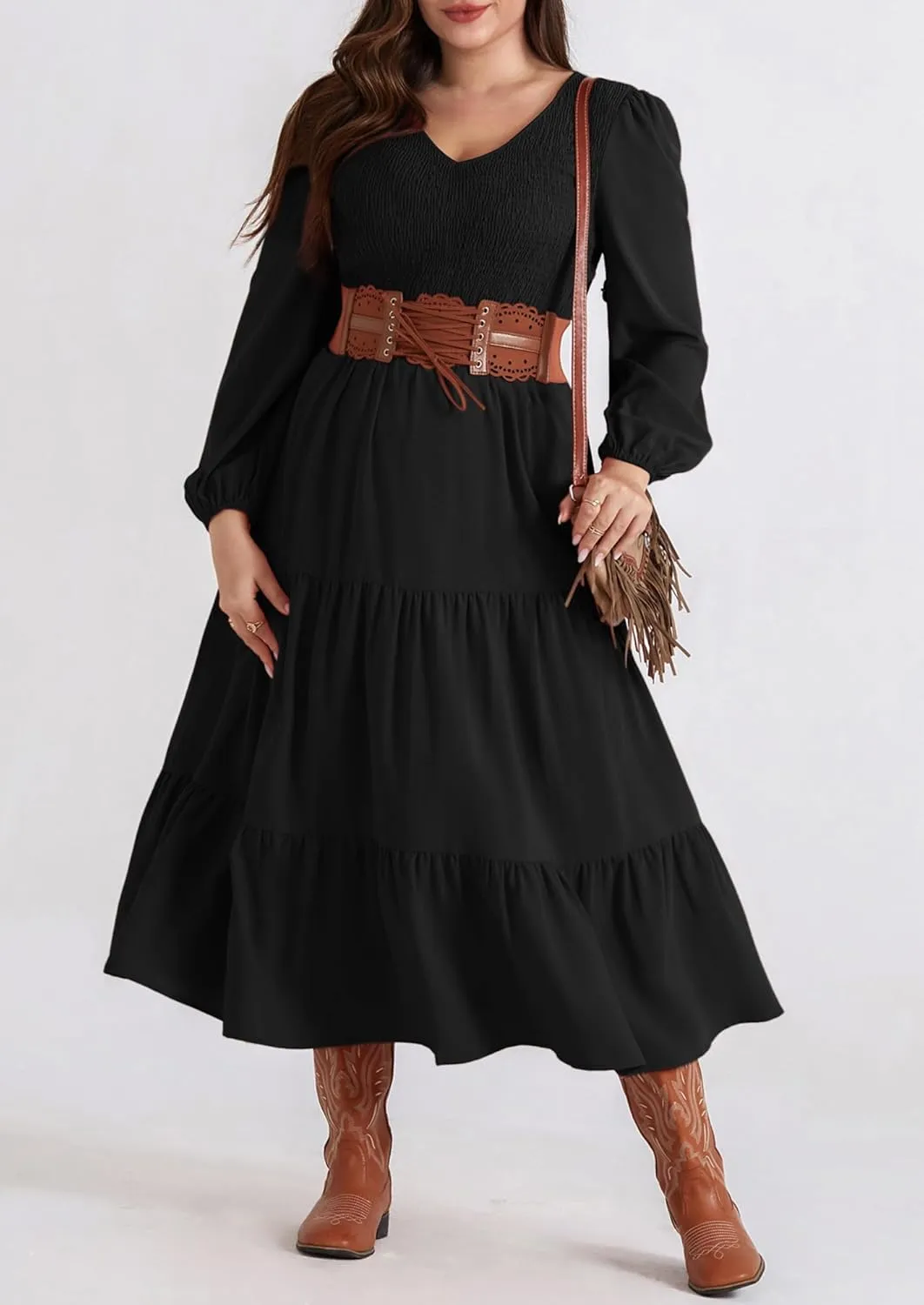 Hanna Nikole Women's Plus Size Spring Maxi Dress Long Sleeve Smocked Wedding Guest Casual Flowy Tiered Dresses with Pockets