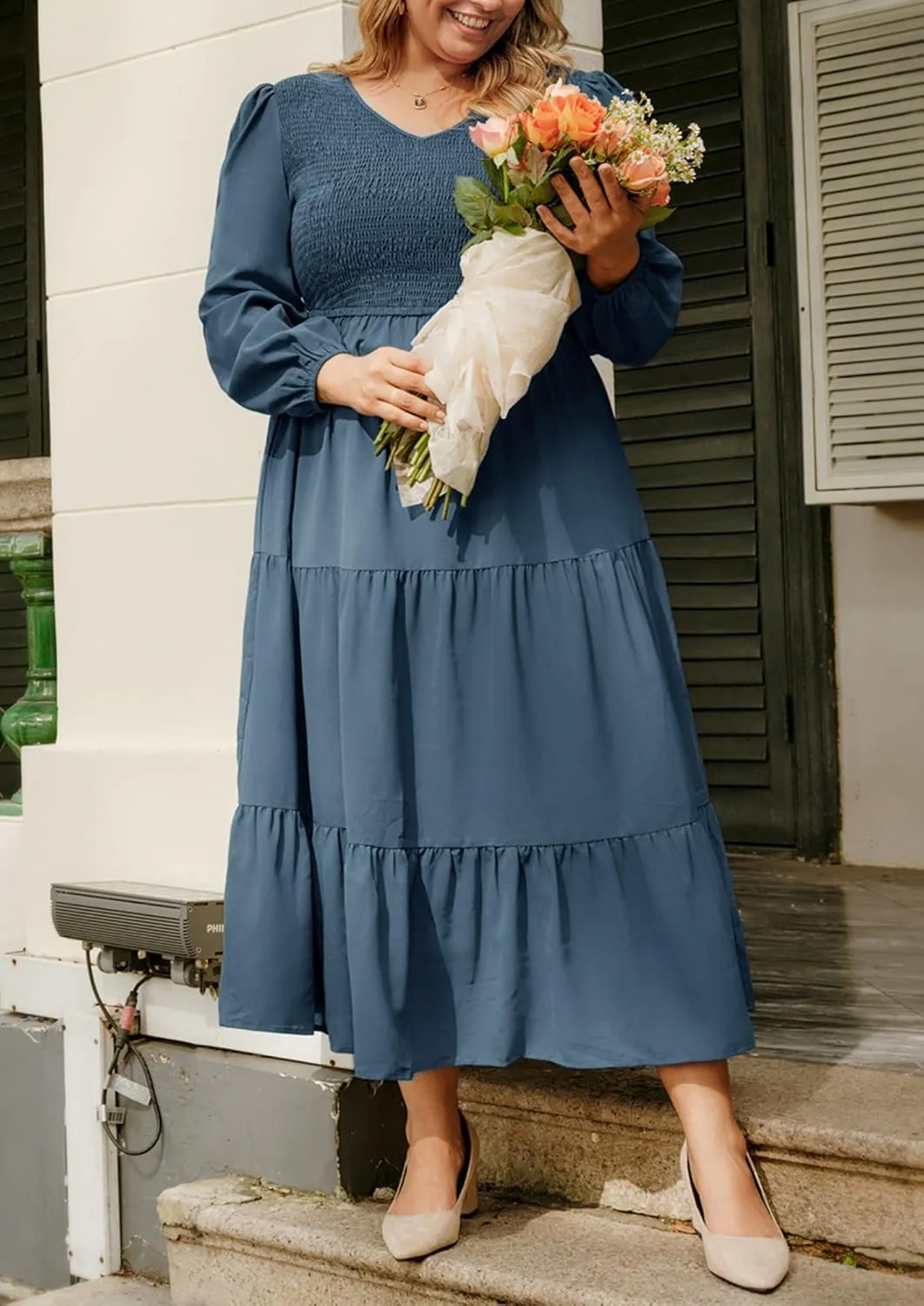 Hanna Nikole Women's Plus Size Spring Maxi Dress Long Sleeve Smocked Wedding Guest Casual Flowy Tiered Dresses with Pockets