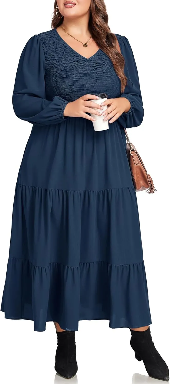 Hanna Nikole Women's Plus Size Spring Maxi Dress Long Sleeve Smocked Wedding Guest Casual Flowy Tiered Dresses with Pockets