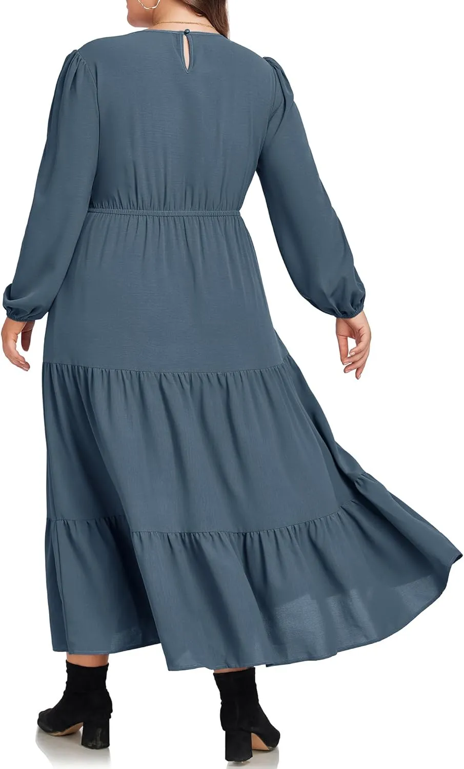 Hanna Nikole Women's Plus Size Spring Maxi Dress Long Sleeve Smocked Wedding Guest Casual Flowy Tiered Dresses with Pockets