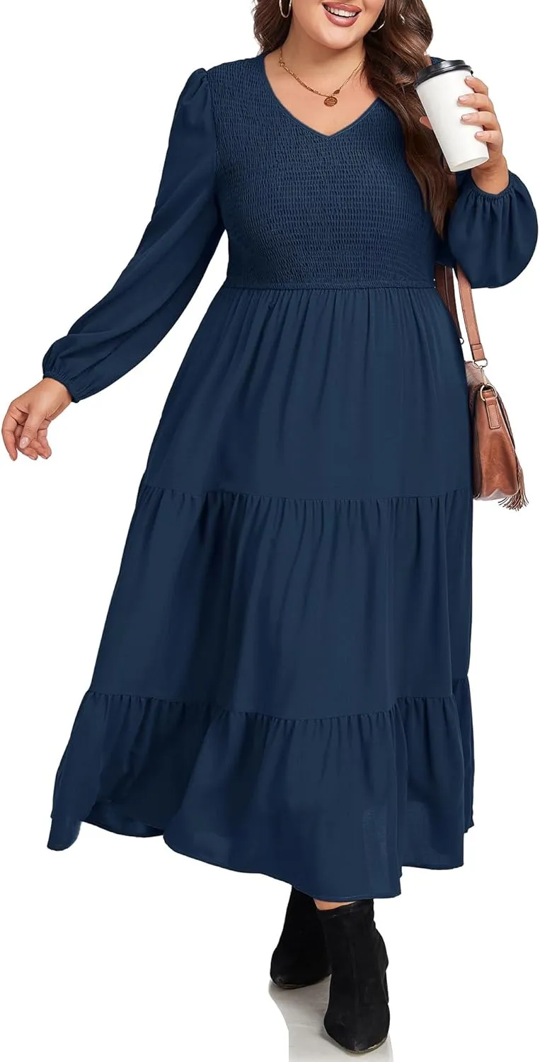 Hanna Nikole Women's Plus Size Spring Maxi Dress Long Sleeve Smocked Wedding Guest Casual Flowy Tiered Dresses with Pockets