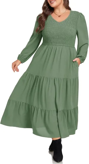 Hanna Nikole Women's Plus Size Spring Maxi Dress Long Sleeve Smocked Wedding Guest Casual Flowy Tiered Dresses with Pockets