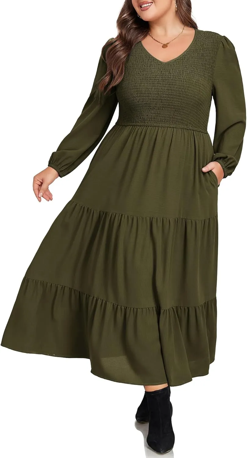 Hanna Nikole Women's Plus Size Spring Maxi Dress Long Sleeve Smocked Wedding Guest Casual Flowy Tiered Dresses with Pockets