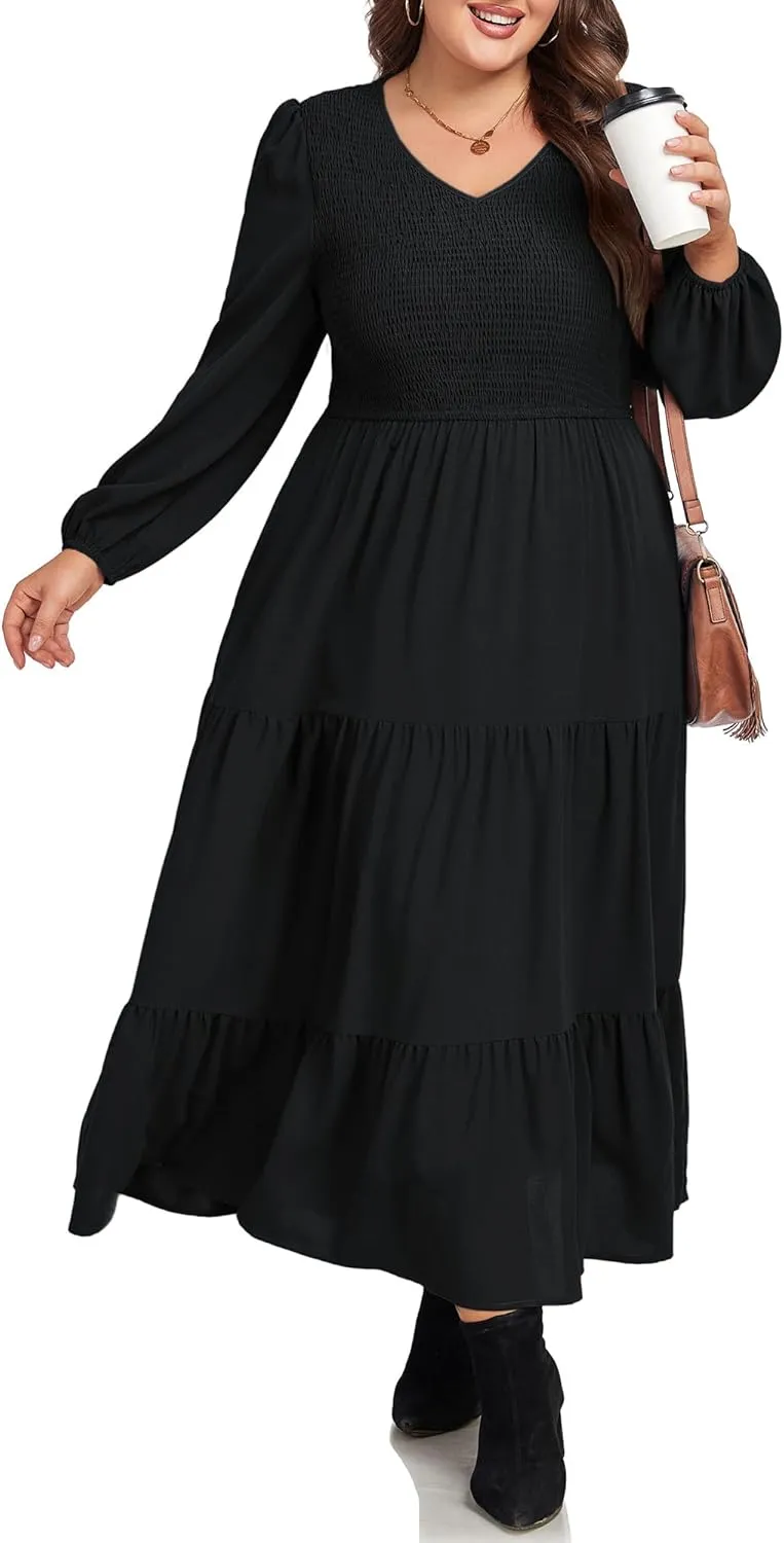 Hanna Nikole Women's Plus Size Spring Maxi Dress Long Sleeve Smocked Wedding Guest Casual Flowy Tiered Dresses with Pockets