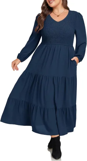 Hanna Nikole Women's Plus Size Spring Maxi Dress Long Sleeve Smocked Wedding Guest Casual Flowy Tiered Dresses with Pockets