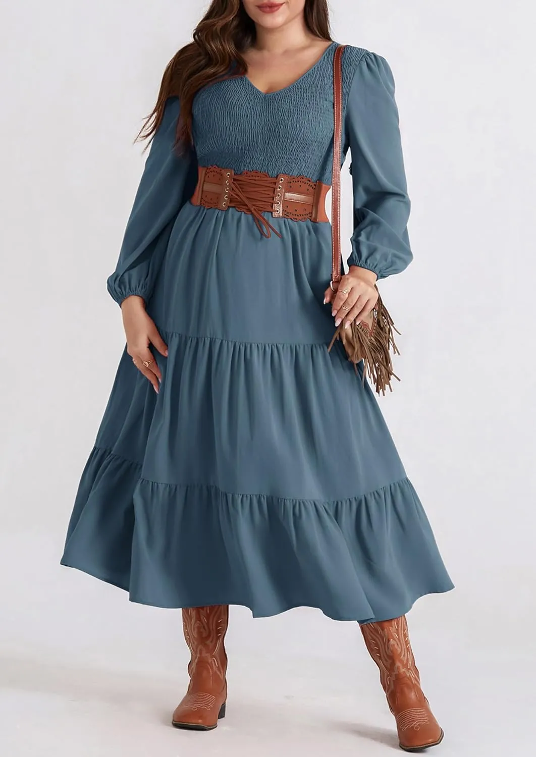 Hanna Nikole Women's Plus Size Spring Maxi Dress Long Sleeve Smocked Wedding Guest Casual Flowy Tiered Dresses with Pockets