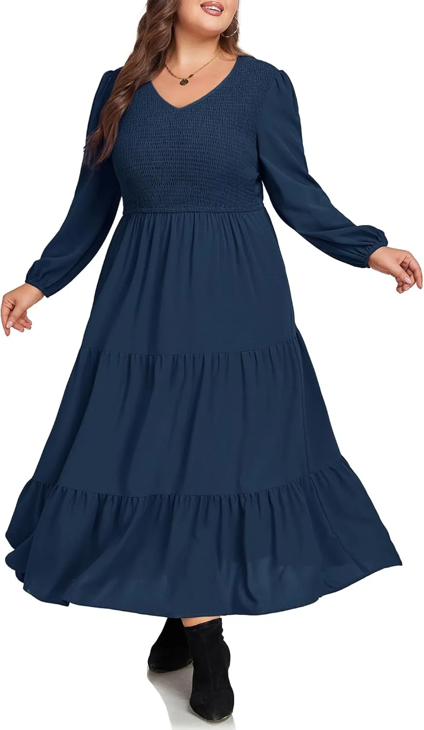 Hanna Nikole Women's Plus Size Spring Maxi Dress Long Sleeve Smocked Wedding Guest Casual Flowy Tiered Dresses with Pockets