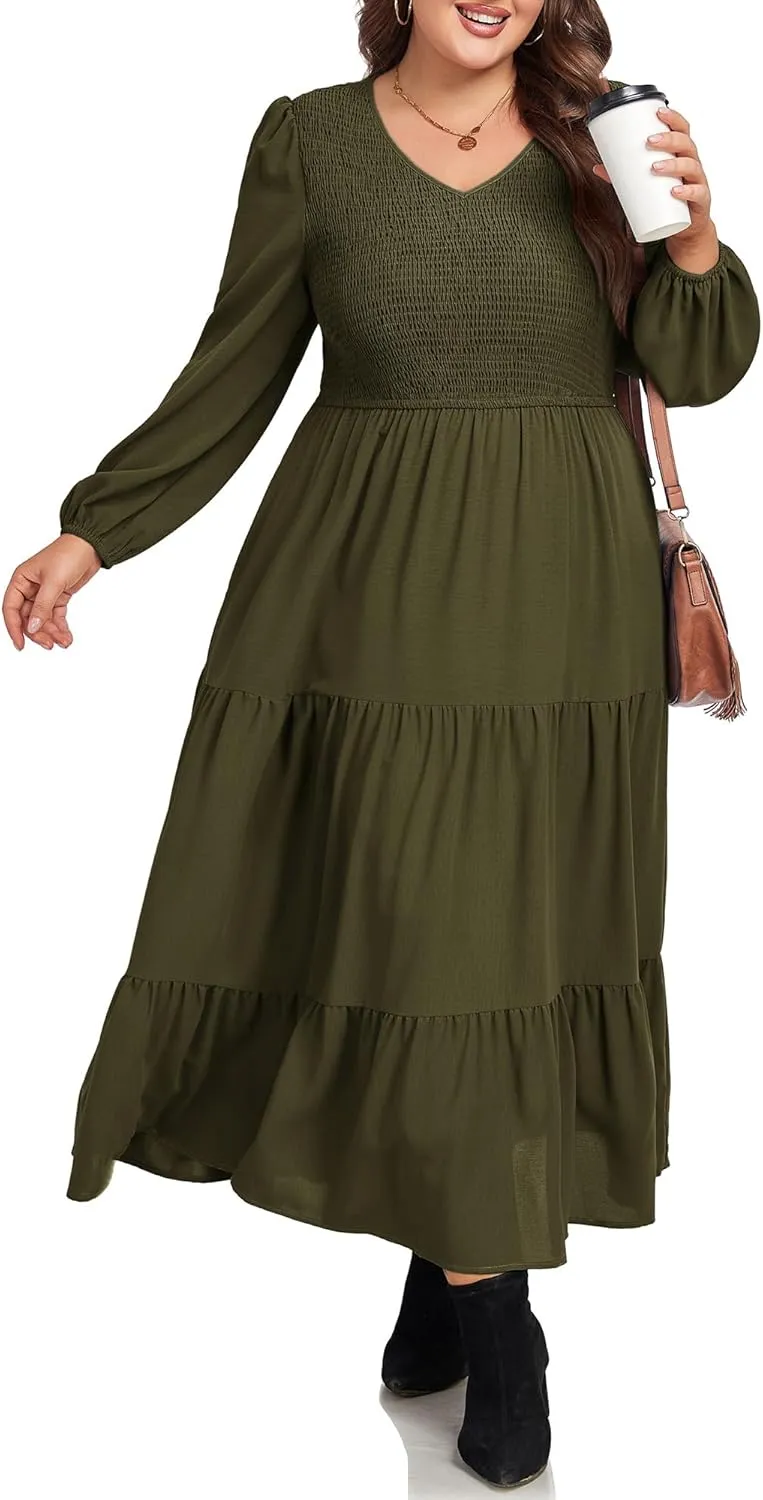 Hanna Nikole Women's Plus Size Spring Maxi Dress Long Sleeve Smocked Wedding Guest Casual Flowy Tiered Dresses with Pockets