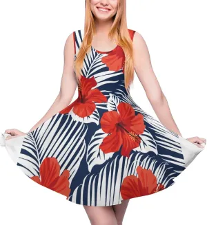 Hawaiian Hibiscus Flowers Summer Dress Floral Dresses Beach Sundress for Women Sleeveless Wide Strap