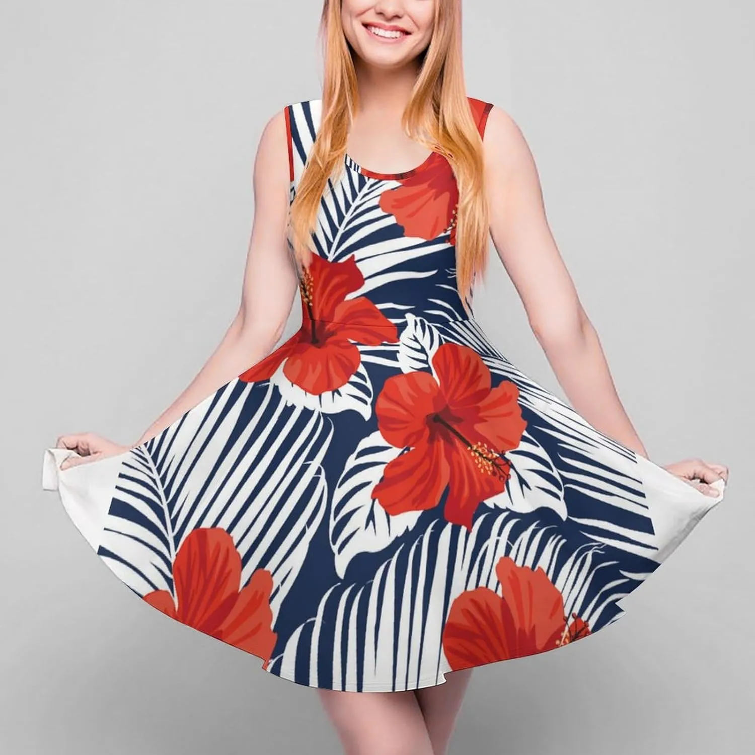Hawaiian Hibiscus Flowers Summer Dress Floral Dresses Beach Sundress for Women Sleeveless Wide Strap