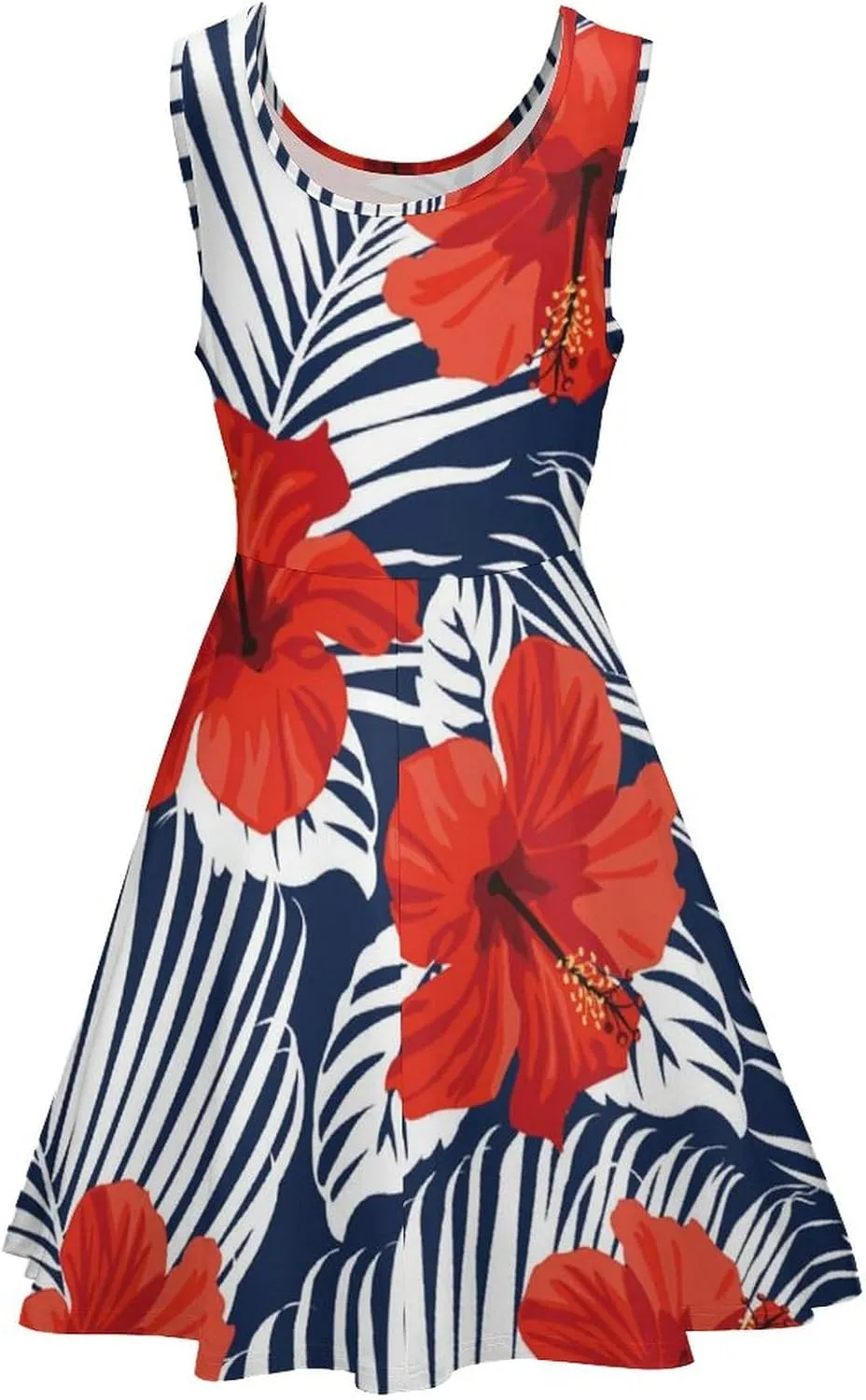 Hawaiian Hibiscus Flowers Summer Dress Floral Dresses Beach Sundress for Women Sleeveless Wide Strap
