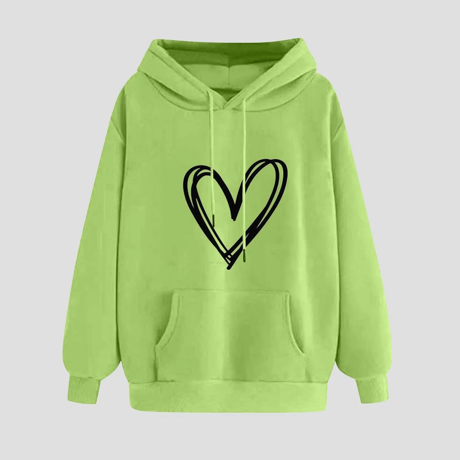 Heart Graphic Hoodie Women Casual Pullover Sweatshirt Drawstring Pocket Relaxed Long Sleeve Soft Streetwear