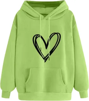 Heart Graphic Hoodie Women Casual Pullover Sweatshirt Drawstring Pocket Relaxed Long Sleeve Soft Streetwear