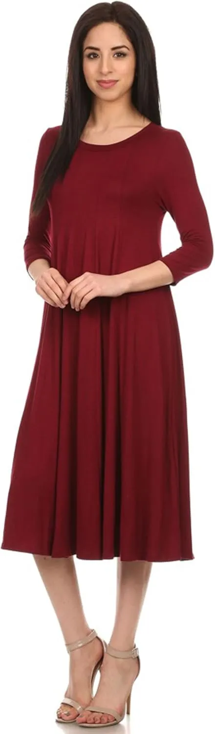 HEO CLOTHING Women's Relaxed Fit 3/4 Sleeve Round Neck Jersey Knit A-Line Solid Maxi Dress