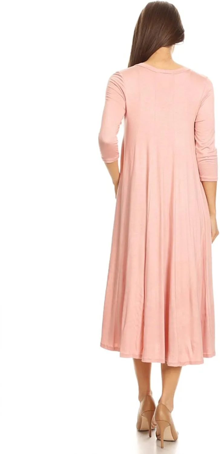 HEO CLOTHING Women's Relaxed Fit 3/4 Sleeve Round Neck Jersey Knit A-Line Solid Maxi Dress