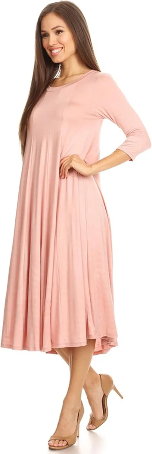 HEO CLOTHING Women's Relaxed Fit 3/4 Sleeve Round Neck Jersey Knit A-Line Solid Maxi Dress