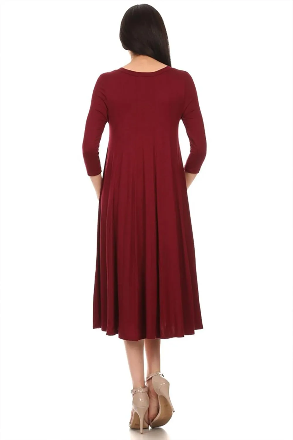 HEO CLOTHING Women's Relaxed Fit 3/4 Sleeve Round Neck Jersey Knit A-Line Solid Maxi Dress
