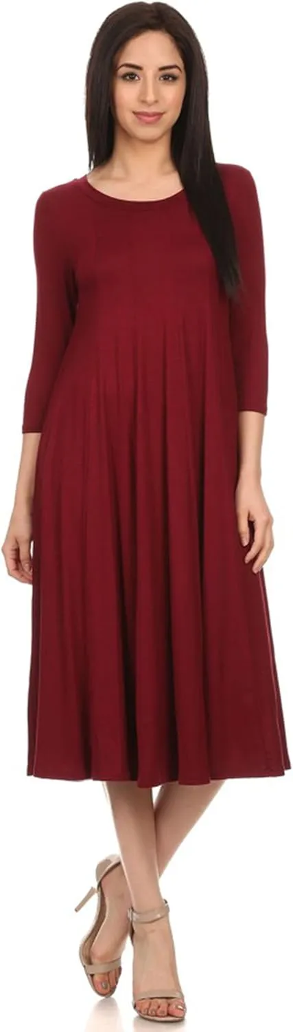 HEO CLOTHING Women's Relaxed Fit 3/4 Sleeve Round Neck Jersey Knit A-Line Solid Maxi Dress
