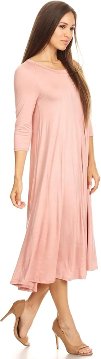 HEO CLOTHING Women's Relaxed Fit 3/4 Sleeve Round Neck Jersey Knit A-Line Solid Maxi Dress