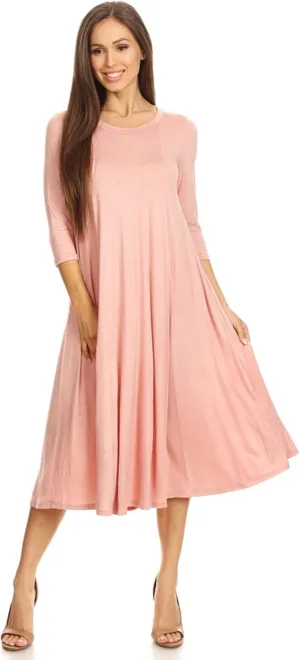 HEO CLOTHING Women's Relaxed Fit 3/4 Sleeve Round Neck Jersey Knit A-Line Solid Maxi Dress