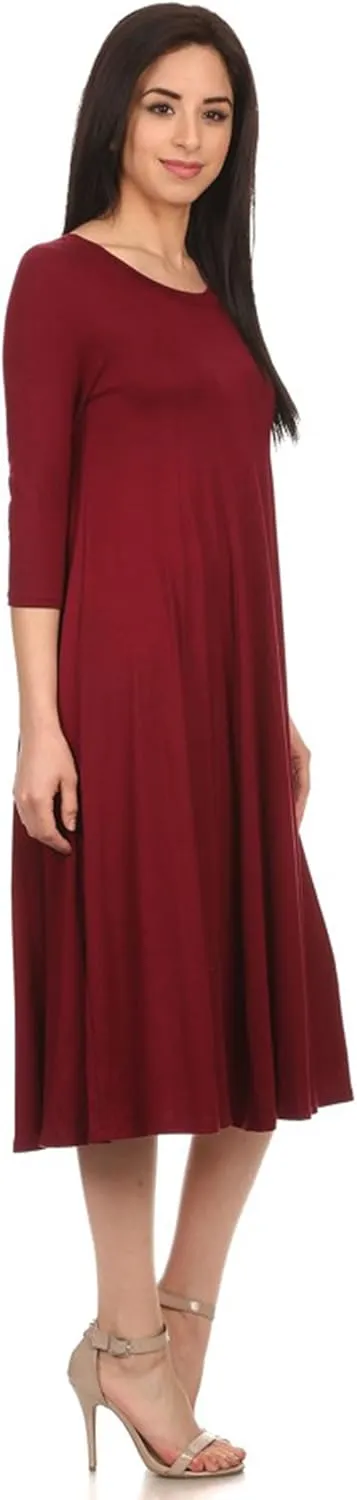 HEO CLOTHING Women's Relaxed Fit 3/4 Sleeve Round Neck Jersey Knit A-Line Solid Maxi Dress