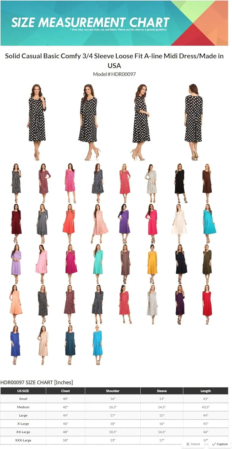 HEO CLOTHING Women's Relaxed Fit 3/4 Sleeve Round Neck Jersey Knit A-Line Solid Maxi Dress
