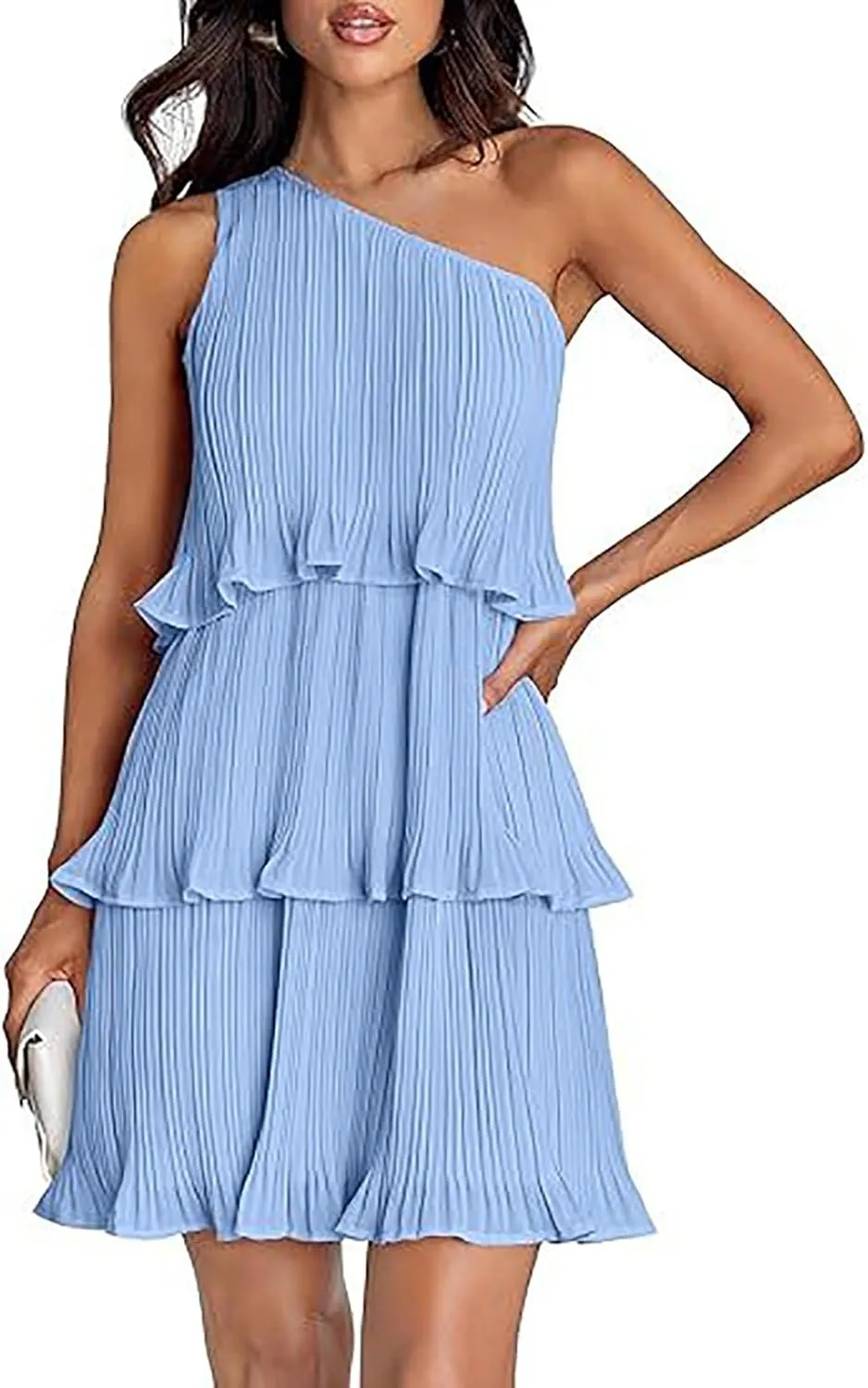 HGps8w One Shoulder Dresses for Women Summer Sleeveless Ruffle Tiered Layered Chiffon Flowy A Line Mini Dress for Party
