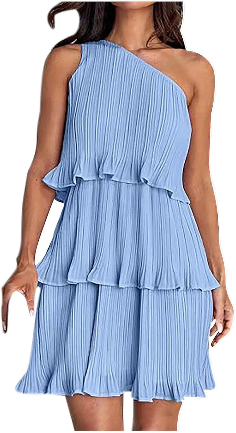 HGps8w One Shoulder Dresses for Women Summer Sleeveless Ruffle Tiered Layered Chiffon Flowy A Line Mini Dress for Party
