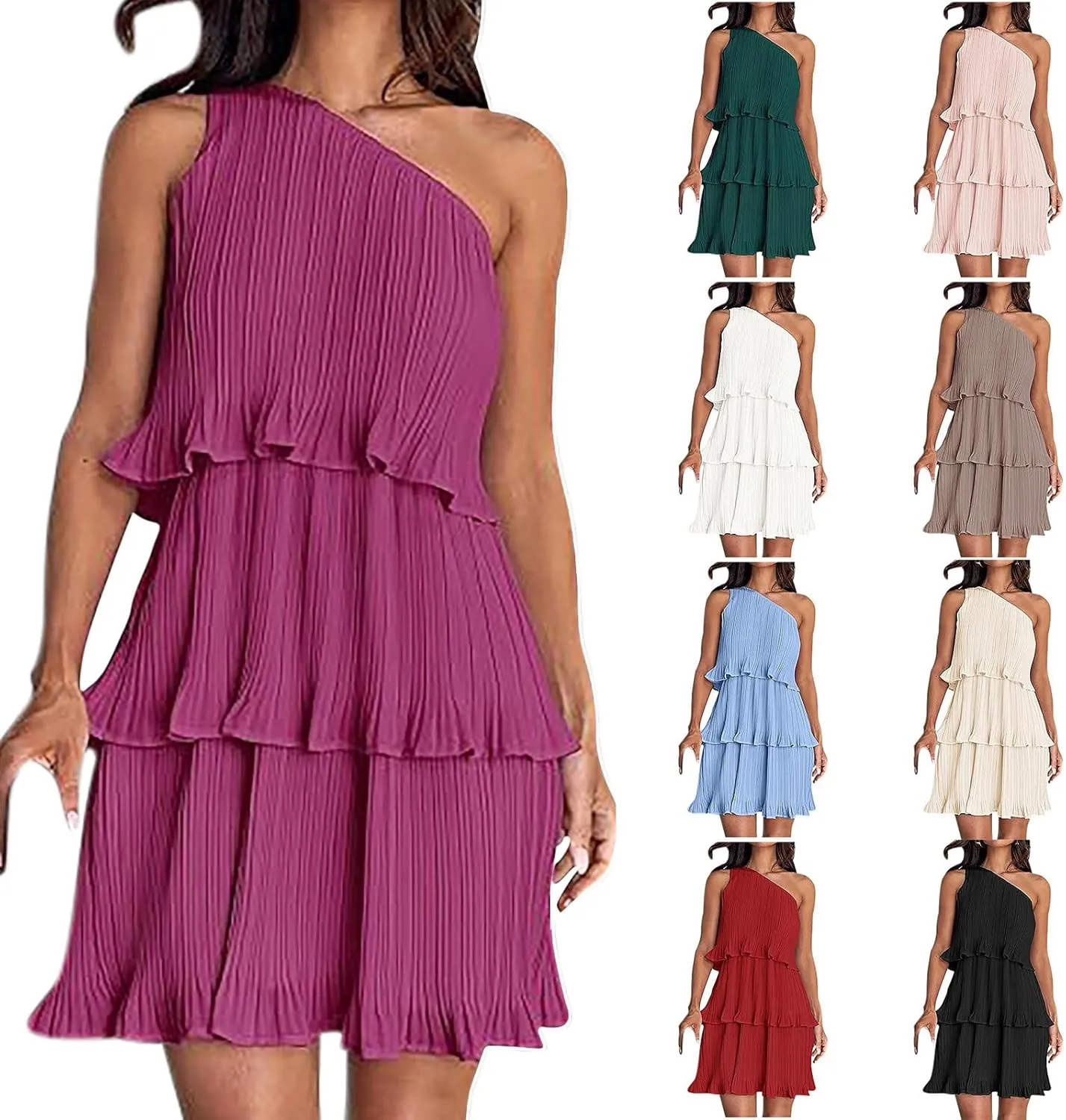 HGps8w One Shoulder Dresses for Women Summer Sleeveless Ruffle Tiered Layered Chiffon Flowy A Line Mini Dress for Party