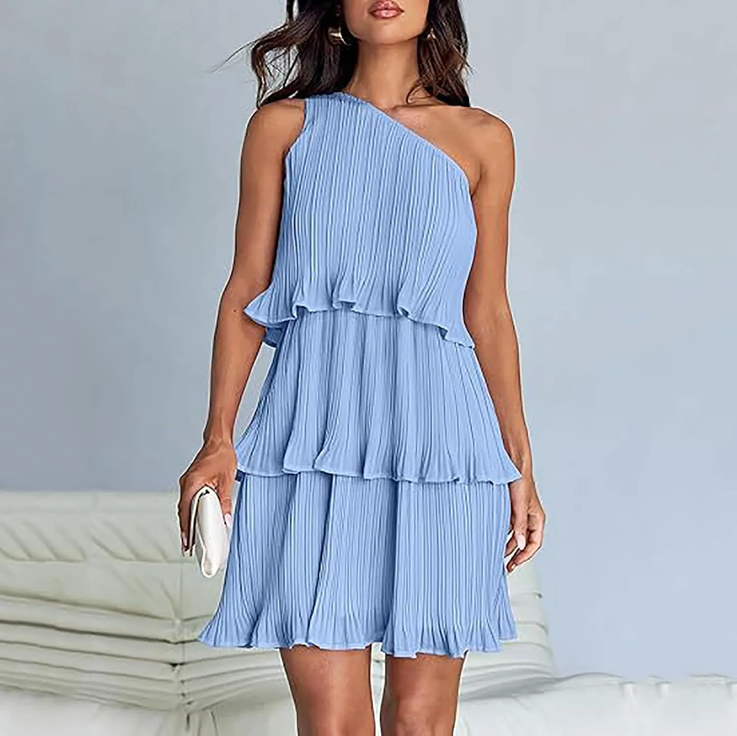 HGps8w One Shoulder Dresses for Women Summer Sleeveless Ruffle Tiered Layered Chiffon Flowy A Line Mini Dress for Party